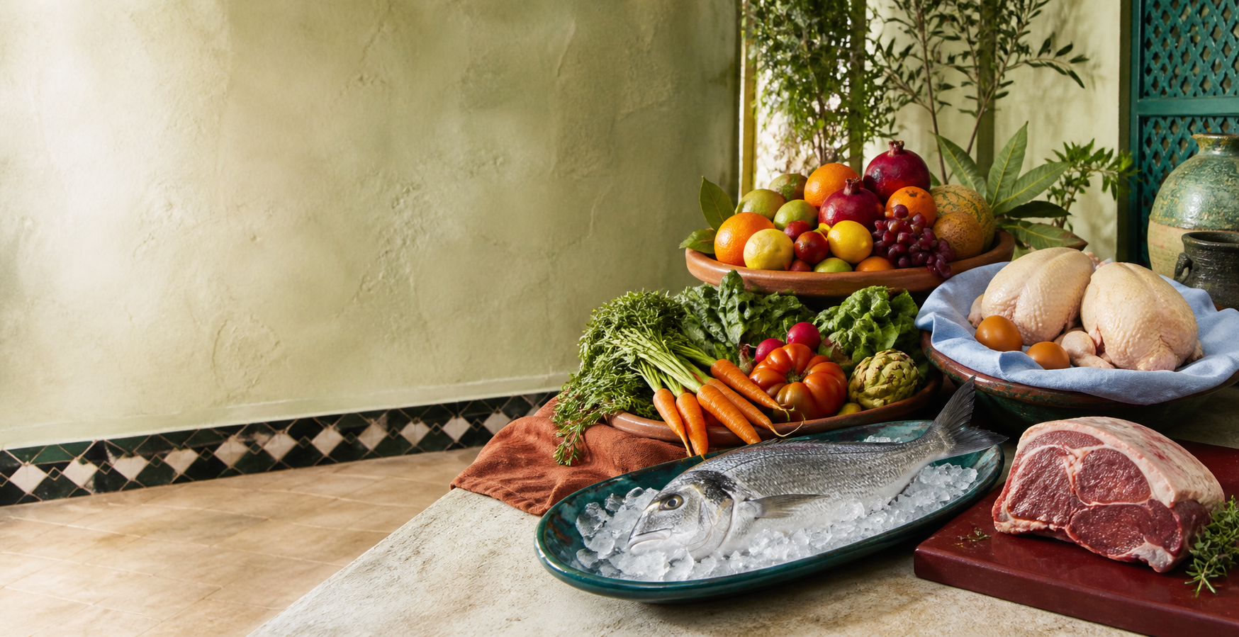 Composition éditoriale réunissant fruits et légumes, poisson sur glace, volaille et viande rouge dans un décor lumineux